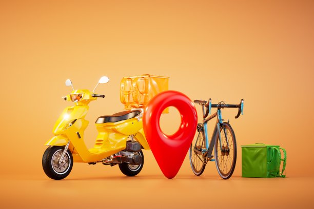 送货地址。助力车，自行车，点GPS和橙色背景的快递袋。三维渲染图片下载
