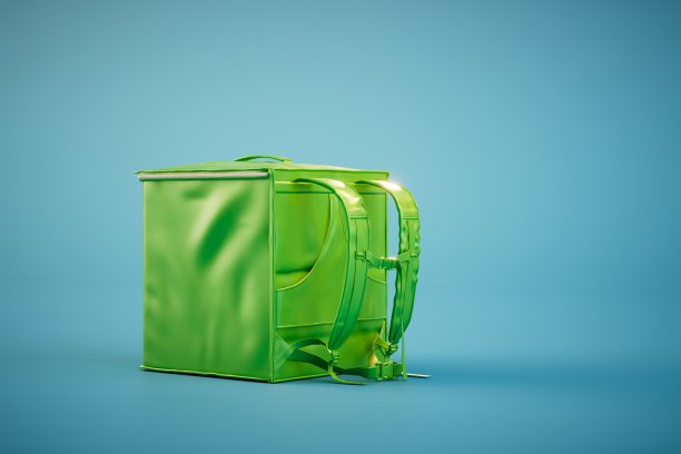 即食食品的配送。蓝绿色背景的食品快递袋。三维渲染图片下载