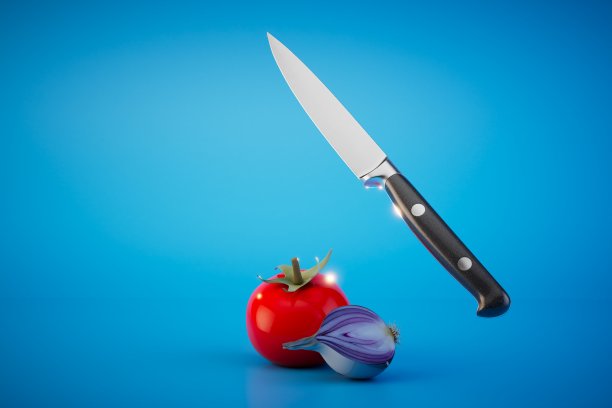 烹饪概念。蓝色背景上的刀，西红柿和洋葱。三维渲染图片下载