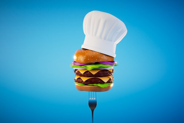一个戴着厨师帽的大汉堡刺在蓝色背景的叉子上。三维渲染图片下载