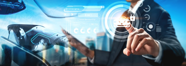 电动汽车虚拟现实概念，电动汽车充电站提供绿色能源和可持续来源的生态电力，供应给充电站，以减少二氧化碳排放。图片下载