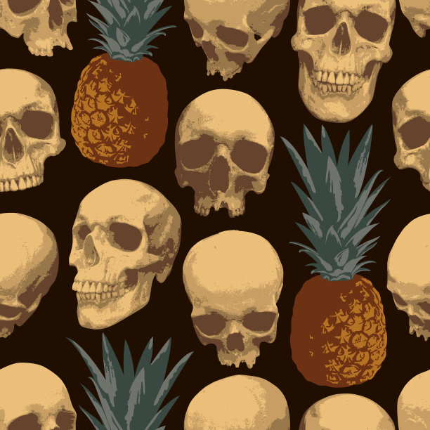 无缝模式与人类头骨和菠萝图片下载