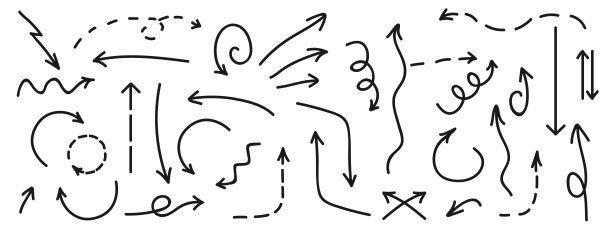 黑色手绘箭头矢量图标设置在矩形白色背景上。为商业计划和教育设计草图箭头。向量图片下载