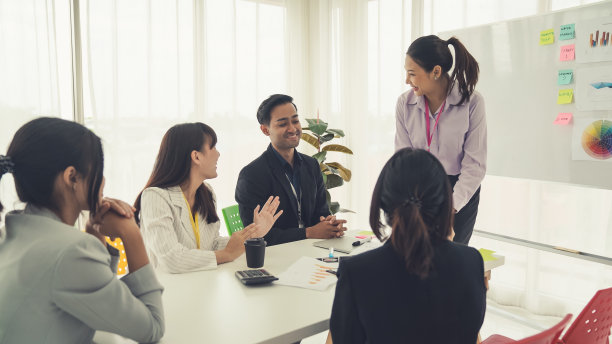 由熟练的商业女性团队领导进行商业项目演示。公司业务团队协作概念。图片下载