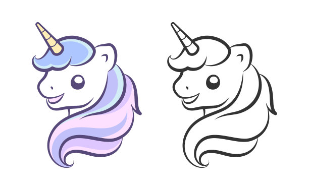 可爱快乐的独角兽头轮廓容易着色图片下载