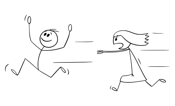 孩子女孩追逐男孩，矢量卡通简笔插图图片下载