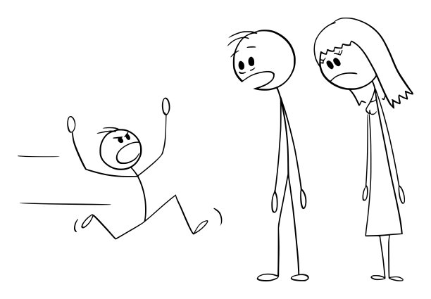 父母看着顽皮的孩子，矢量卡通简笔画插图图片下载