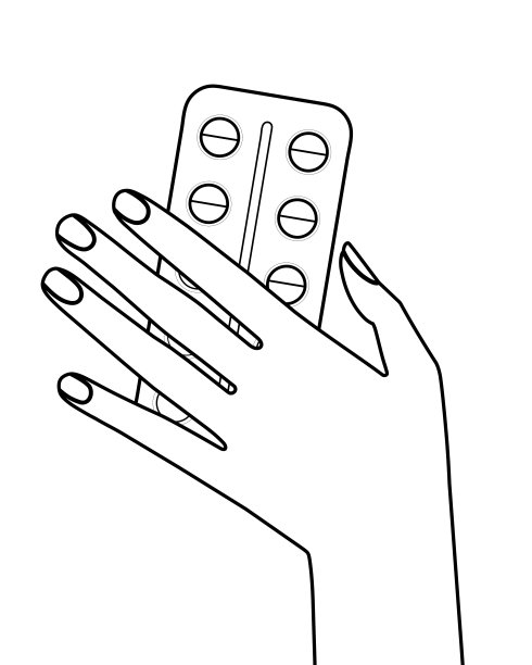 人手拿着水泡里的药丸。线条艺术孤立在白色背景上。药剂学，药理学，医学。矢量插图。保健和医学概念图片下载