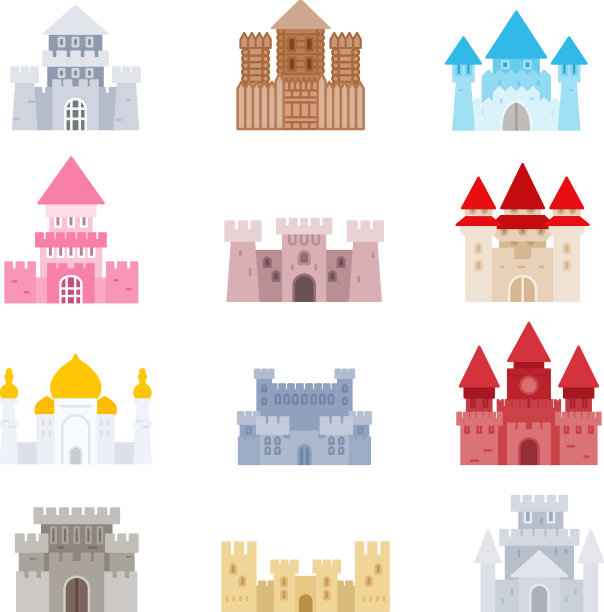 城堡图标集中世纪城堡扁平化设计图片下载