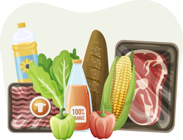 食品杂货产品，包括肉、面包、蔬菜图片下载