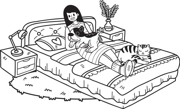 手绘主人正在和狗和猫睡觉图片下载