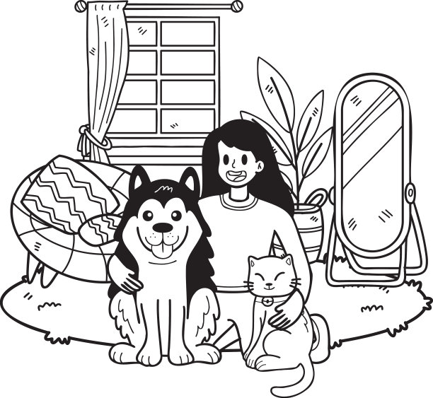手绘的主人抱着狗和猫图片下载