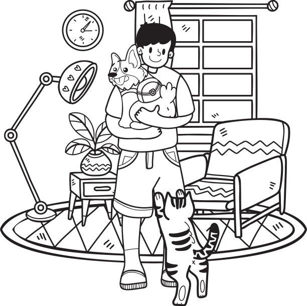 手绘的主人抱着狗和猫图片下载