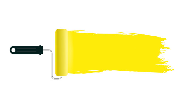 油漆工在滚筒上涂上亮黄色的条图片下载