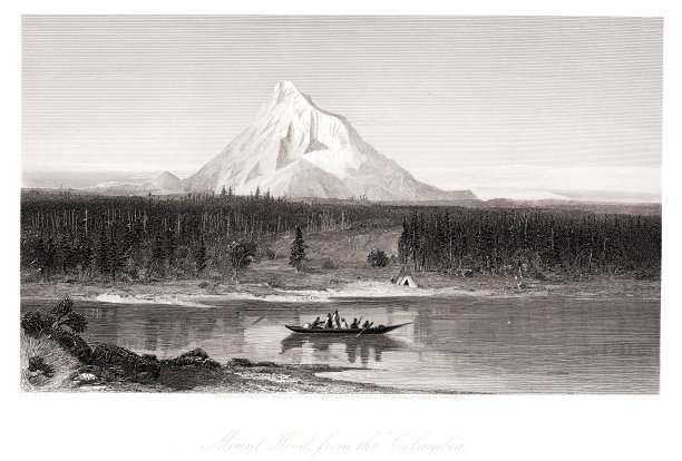 胡德山后面的印第安人划着独木舟在哥伦比亚河，俄勒冈州，美国，地理图片下载
