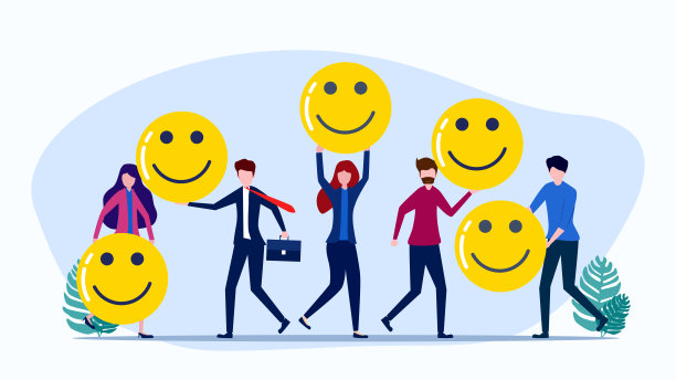 人们举着笑脸图标。乐观快乐生活的人的概念。商业赞助图片下载