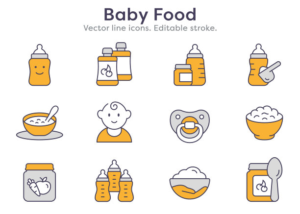婴儿食品线图标，如瓶勺罐图片下载