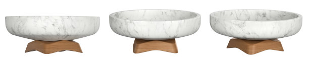 装饰大理石石碗在木制基地。厨房用具套装。家庭装饰和口音。家居装饰配件。孤立的内部对象。三维渲染图片下载