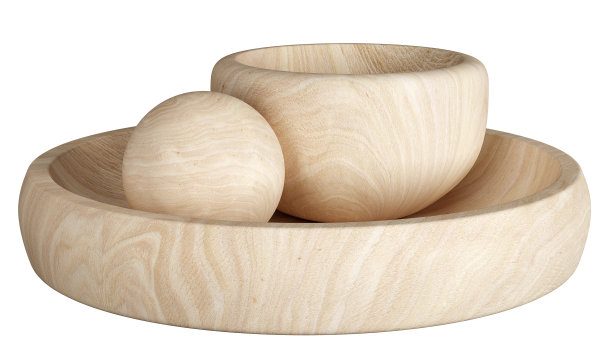 一套实木托盘与碗和球。厨房用具。家庭装饰和口音。装饰配件。孤立的内部对象。三维渲染图片下载