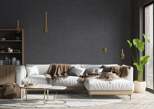 北欧公寓的现代室内设计，客厅白色沙发上方的深色灰泥墙。家庭内部有窗户。三维渲染图片下载