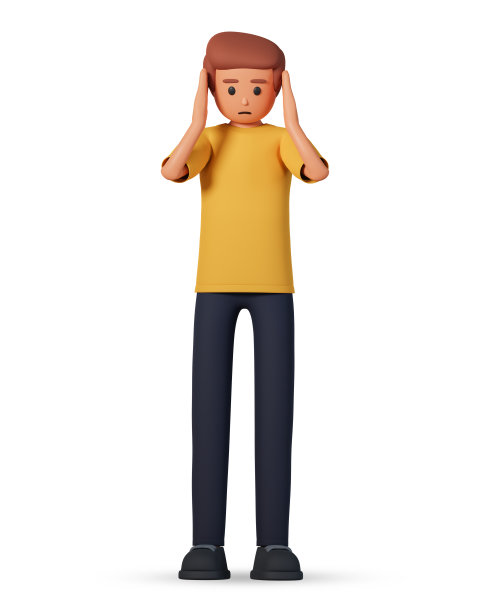 悲伤和沮丧的年轻人抱着他的头在白色背景上孤立的3d插图。男子头痛用手抱头3d插图图片下载