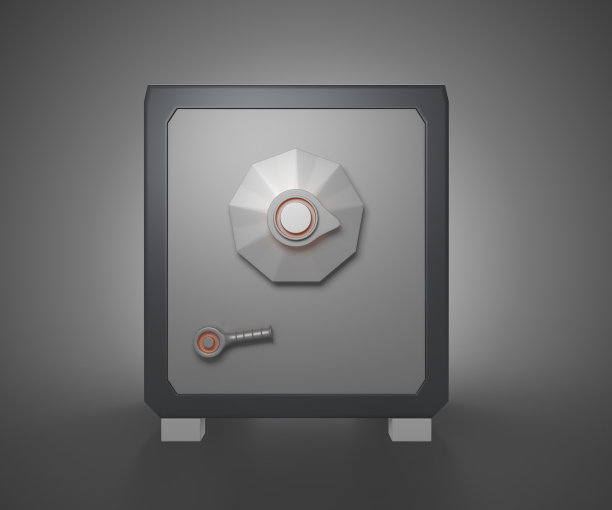 银行安全金库与封闭的钢门隔离在黑色背景3d渲染。卡通图标的金属盒子与锁和代码组合黄金和货币存储前视图图片下载