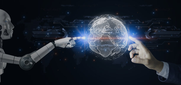 人工智能机器深度学习，机器人与人类的手触摸全球网络连接的大数据，互联网与数字技术，科学与人工数字化的未来图片下载