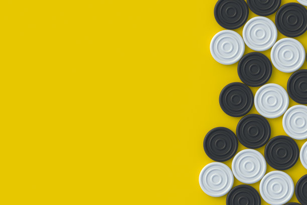 黄色背景上有许多分散的棋盘。棋盘游戏。爱好和休闲。孩子们的玩具。前视图。副本的空间。三维渲染图片下载