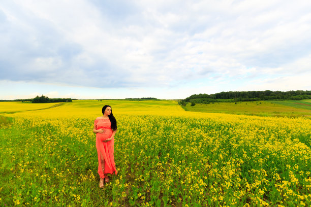 年轻美丽的孕妇走在一个晴朗的夏日黄色的田野。乡村的自然风光。图片下载