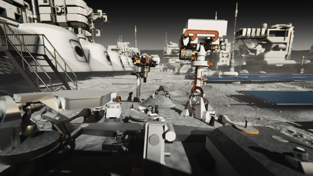 美国宇航局发现漫游者穿越月球表面的POV。殖民月球。月球车和基站。太阳能电池板——可再生能源。月球表面被岩石覆盖。图片下载