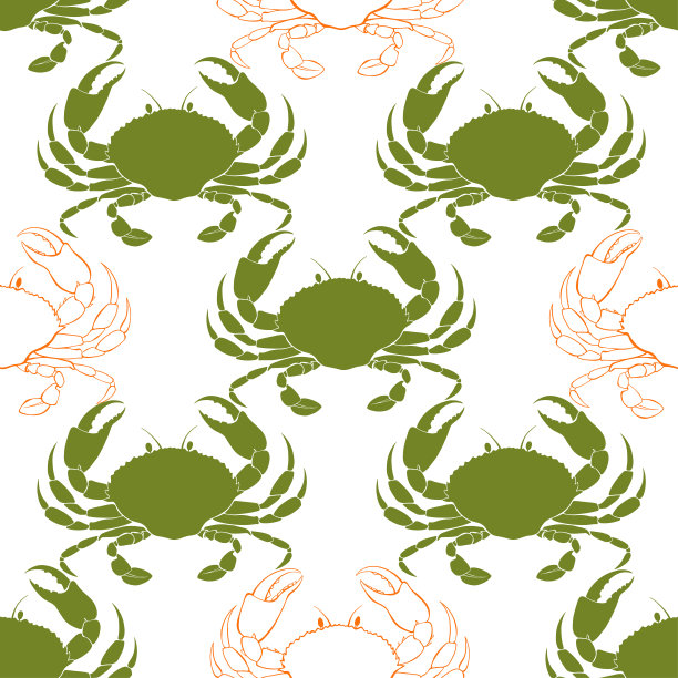 无缝模式与螃蟹在白色背景。手绘矢量插图。适用于墙纸，包装，织物和纺织品。图片下载