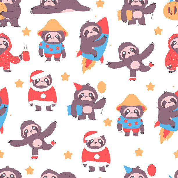 可爱的树懒无缝模式矢量卡通背景。图片下载