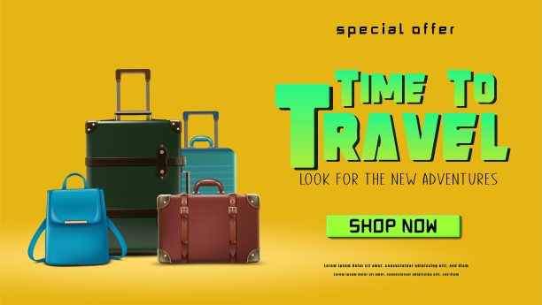 旅游旗帜。暑期旅行时间以旅行概念背景带行李。图片下载