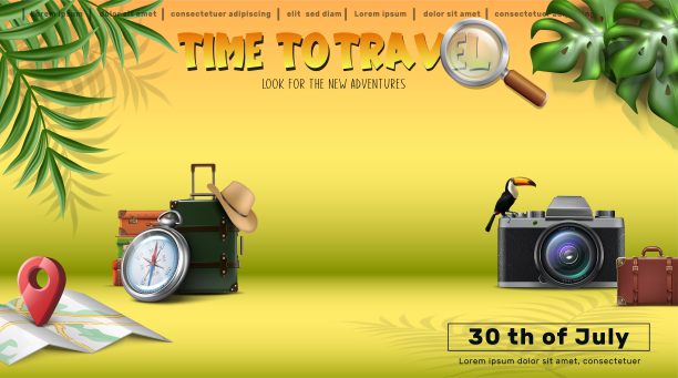 旅游旗帜。矢量旅游概念横幅与现实元素，行李，相机地图，指南针在非洲狩猎旅行风格。图片下载