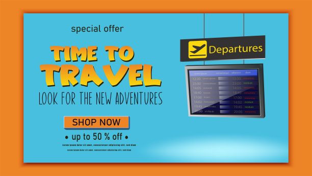 旅游旗帜。时间旅行传单与航班表时间表，冒险。图片下载