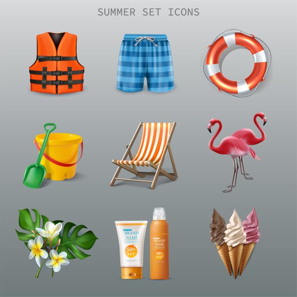 三维现实矢量夏季图标孤立在灰色。图片下载