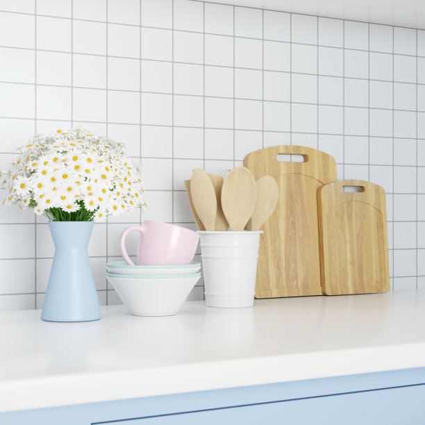 三维渲染陶瓷碗套和木勺套切菜板o图片下载