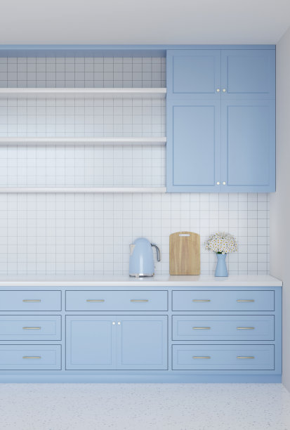 三维渲染蓝色电水壶，木砧板，雏菊在图片下载