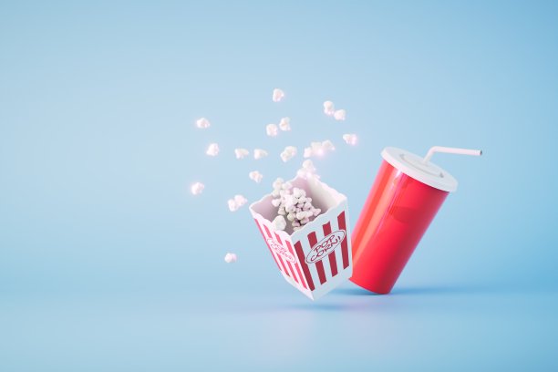 去电影院的概念。蓝色背景的爆米花和苏打水。三维渲染图片下载