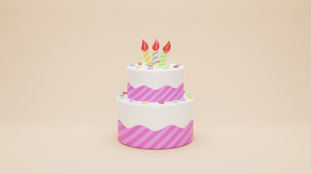 可爱的生日蛋糕和蜡烛。母亲节，甜蜜的生日蛋糕给你一个惊喜。生日快乐的祝福文字与美味的蛋糕元素装饰的孩子聚会场合。三维渲染图片下载