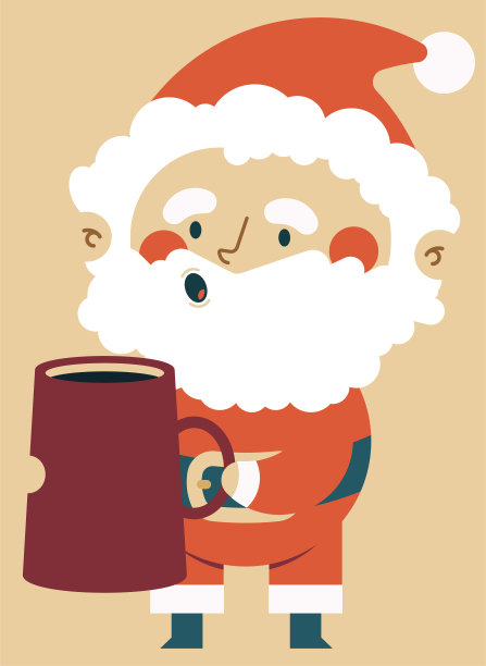 可爱的圣诞老人与咖啡杯矢量圣诞卡通人物孤立的背景。图片下载