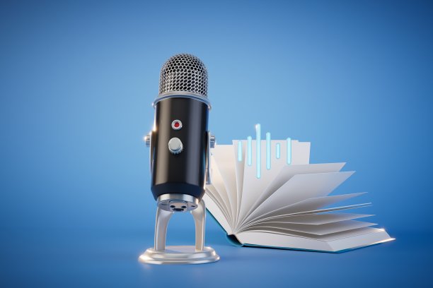 阅读有声读物。带有音轨的麦克风和蓝色背景的打开书。三维渲染图片下载