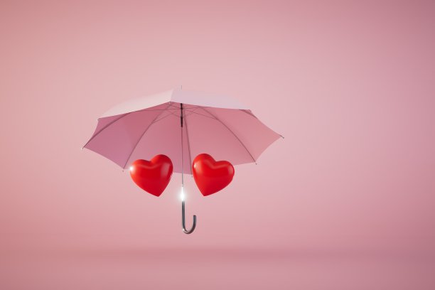 红心和伞在柔和的背景。三维渲染图片下载