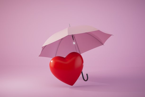 保护心脏免受风雨侵袭。柔和的背景下，伞下有一颗红心。三维渲染图片下载