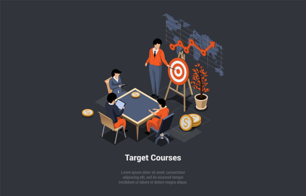 目标课程概念、团队合作与在线教育。办公室里的一群人在和演讲者或教练谈论业务提升的方法。等距3d卡通矢量插图图片下载