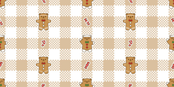 熊极地无缝图案姜面包圣诞节圣诞老人格子格格子矢量泰迪雪雪花糖果拐杖卡通包装纸重复墙纸瓷砖背景涂鸦围巾孤立的插图设计图片下载