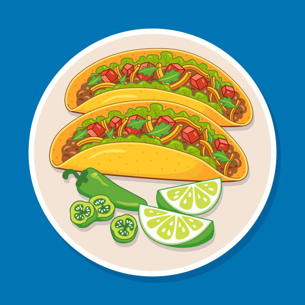 牛肉玉米饼配切达干酪丝，新鲜生菜，番茄配青柠和墨西哥胡椒。墨西哥菜，平面设计，俯视图。图片下载