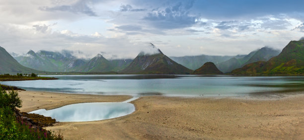 罗弗敦峡湾和湖泊浑浊的景观与沙滩，湖，和山脉(挪威)。夏季极昼夜景。图片下载