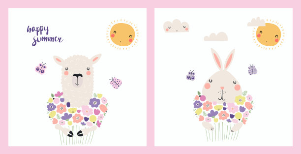 可爱的动物手持花束卡片套装图片下载