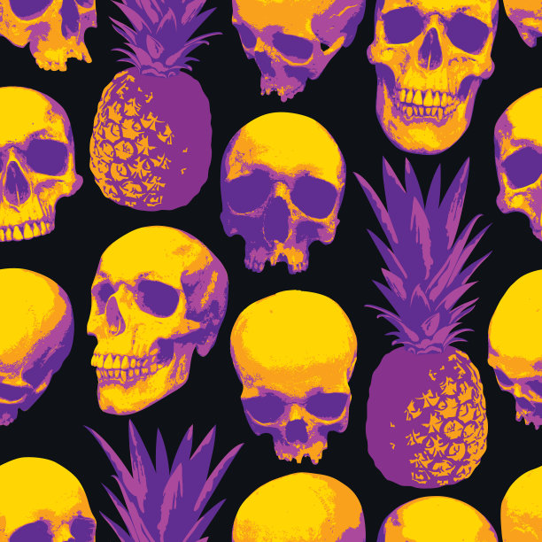 无缝模式与人类头骨和菠萝图片下载